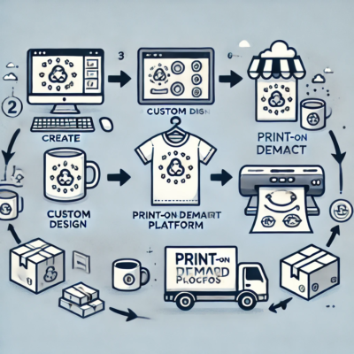 Infografica sul funzionamento del print on demand – Illustra il processo in tre fasi: creazione del design, stampa e spedizione. 